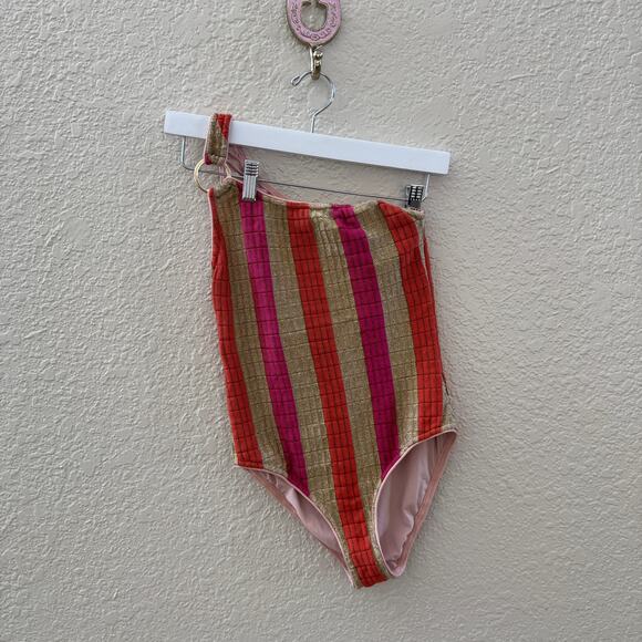 SUBOO $260 Jacquelyn Gold Pink Metallic Stripe One Shoulder One Piece Swimsuit - Picture 7 of 9